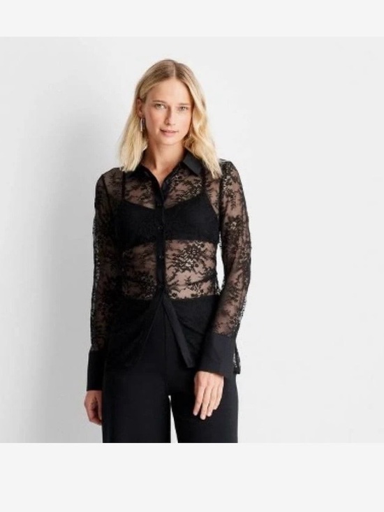 Target Tops - Target Black Sheer Lace Button-Up Blouse